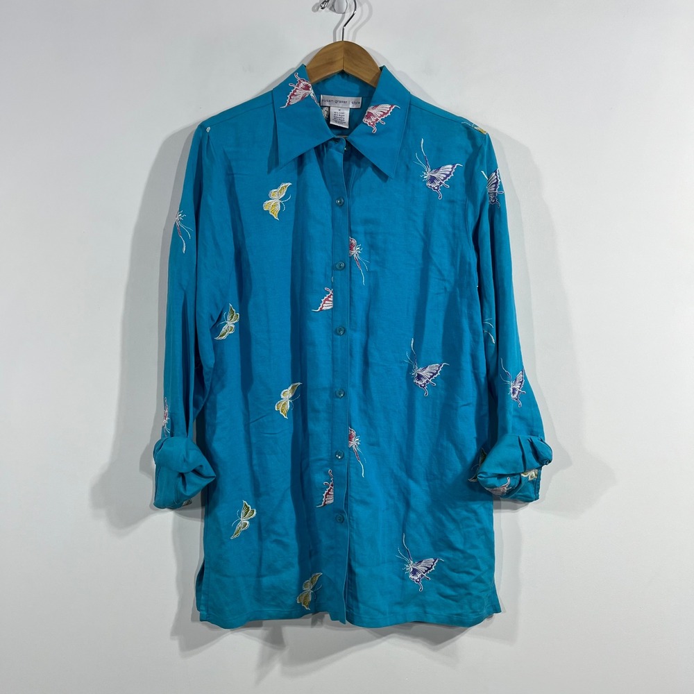 Susan Graver VTG 90s Artsy Linen Butterfly Embroidered Button Front Tunic Medium